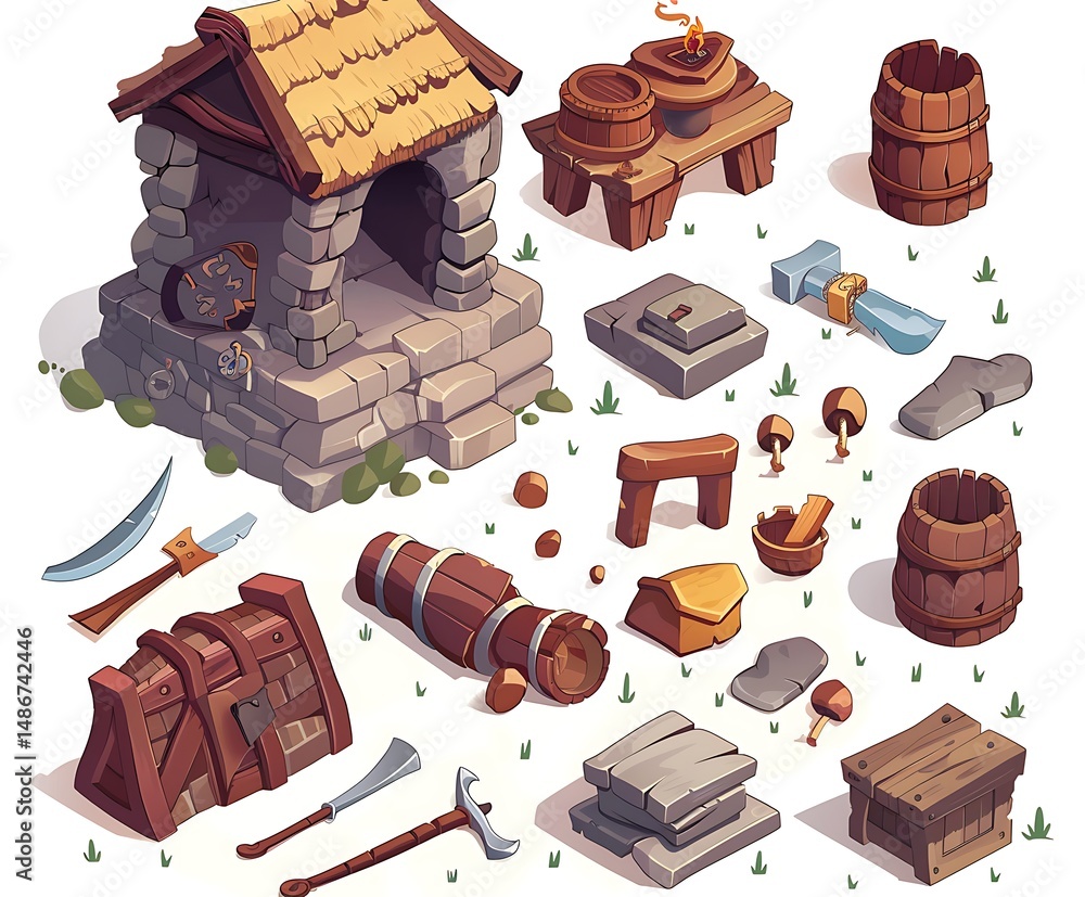 Poster isometric pixel art collection of medieval buildings and objects on white