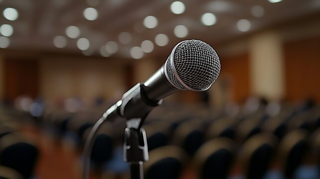 Close-up of microphone on stand in a conference room