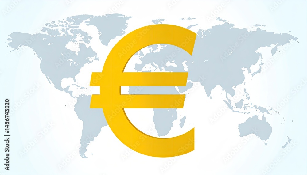 Poster a golden currency symbol superimposed on a light blue world map with a gradient background represent
