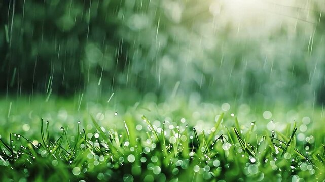Serene outdoor scene of rain on lush green grass, with droplets glistening in sunlight, creating refreshing atmosphere of tranquility and natures beauty, enhanced by soft bokeh effects.