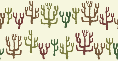 Seamless cactus field in earthy colors. Minimalistic illustration isolated on beige background.