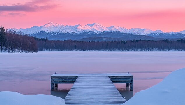 Frozen lake pier at dawn, snow-covered mountains in the distance.  Pink sunrise over icy landscape