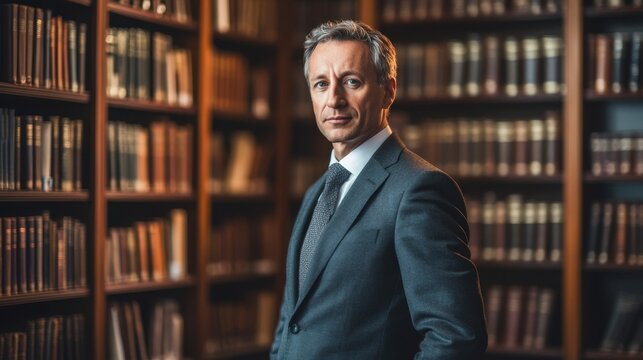 A distinguished middle-aged European man in formal attire stands confidently in a vintage library, exuding wisdom and professionalism against a backdrop of books.