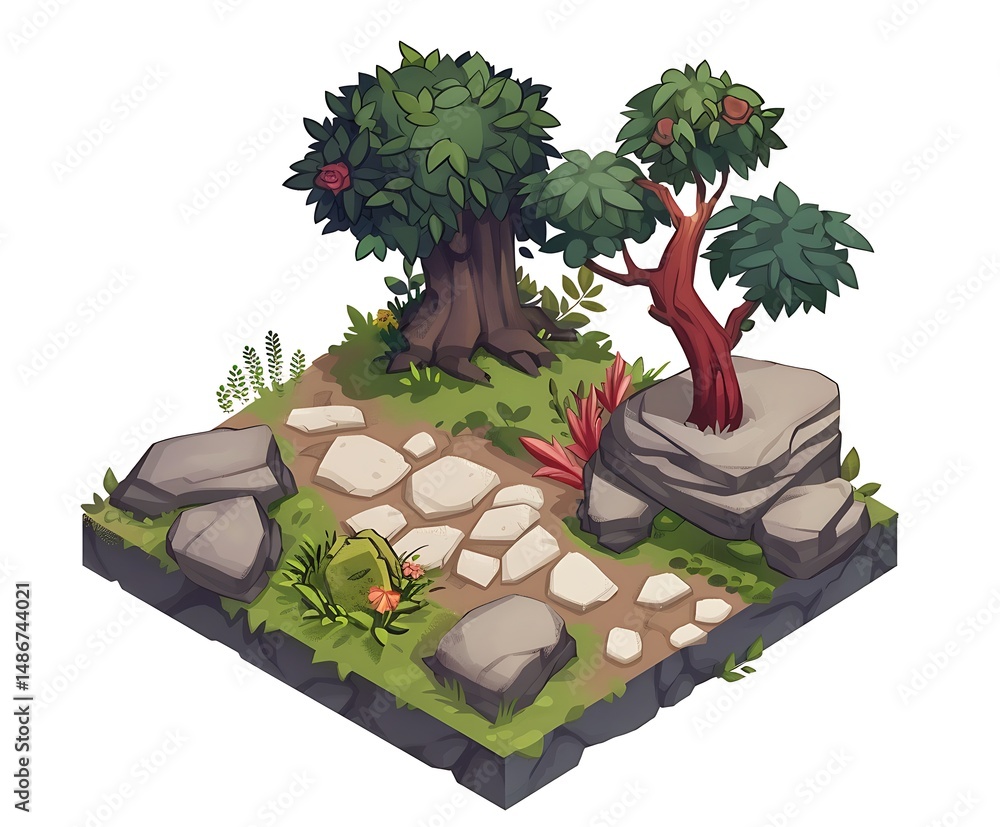 Poster isometric pixel art scene of a stone path between two trees in nature