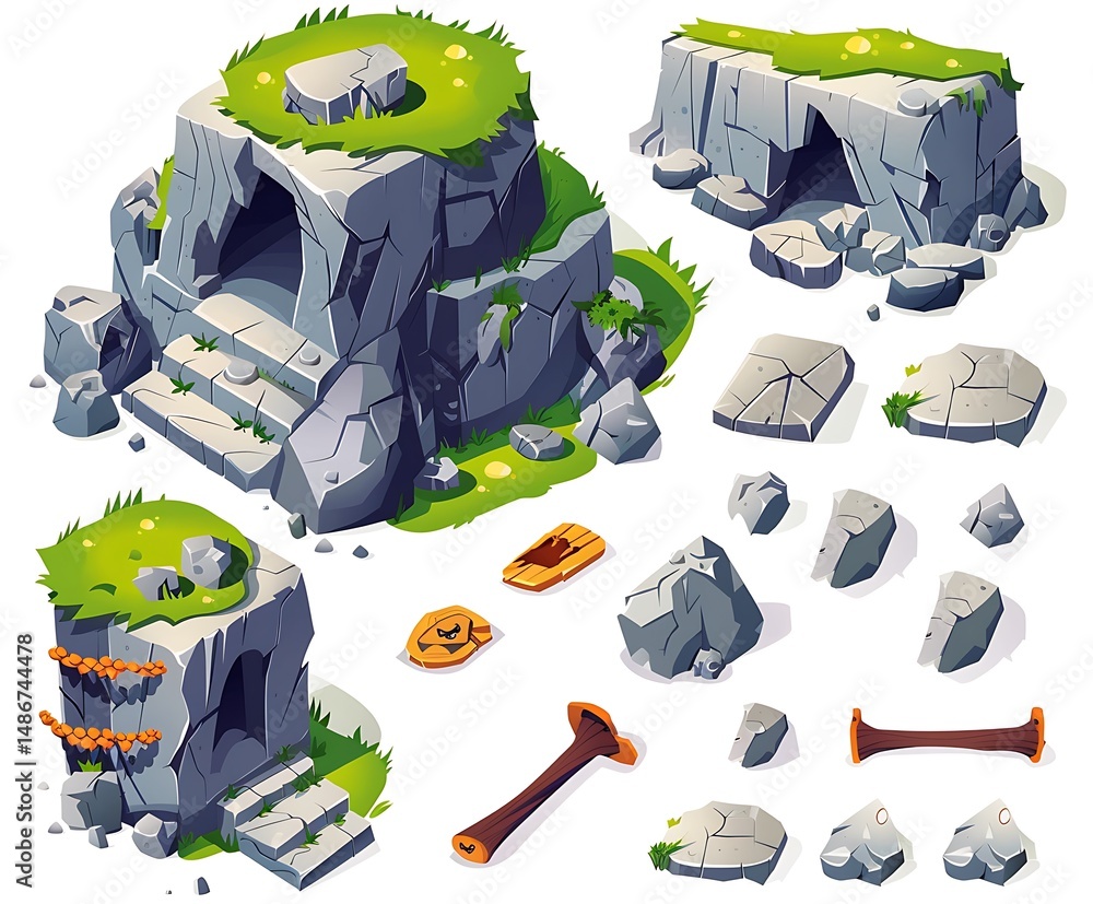 Poster isometric pixel art stone cave structures with grass and steps isolated