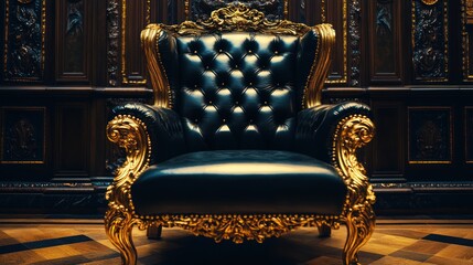 Luxury leather armchair with ornate gold frame in dark wood room