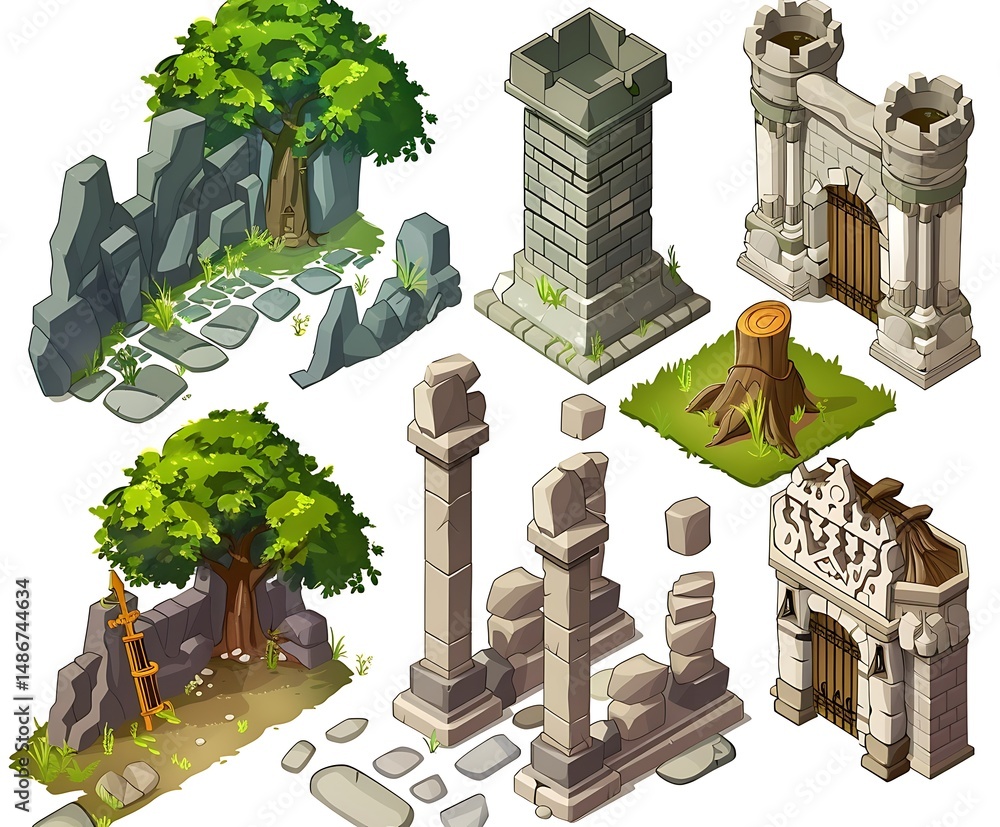 Poster isometric pixel art structures set with stone walls towers and trees