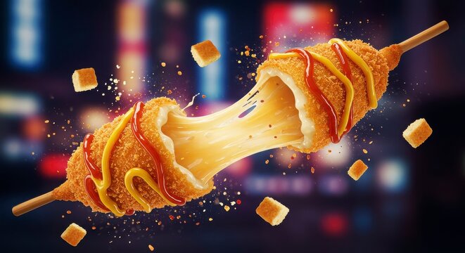 A tempting visual of a Korean corn dog with a cheesy, melty pull showcasing street food