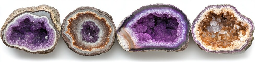 Four Amethyst Geodes, Displayed in a Row