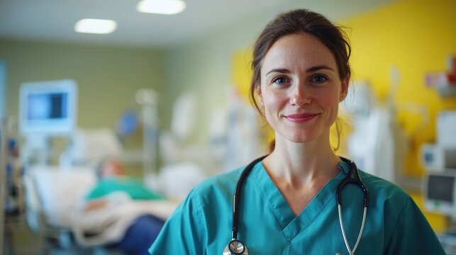 A young European female nurse stands confidently in a hospital setting, showcasing compassion and dedication to patient care in her professional uniform. - Powered by Adobe