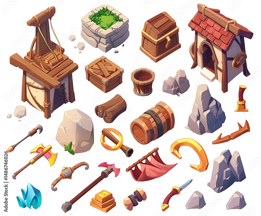 Poster isometric pixelated wooden and stone objects isolated on white background
