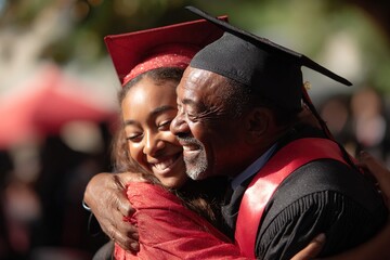 Happy graduate student embraces her father after graduation ceremony. High quality