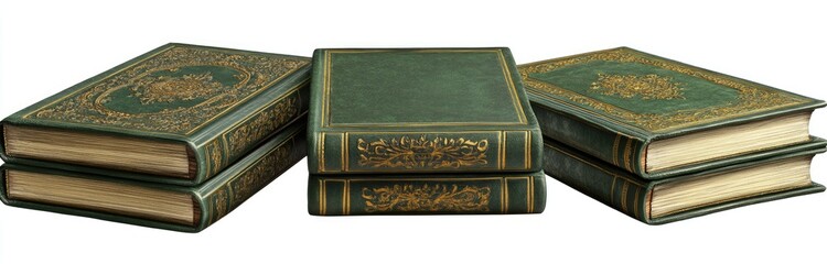 Fototapeta premium Stacked antique-style books, dark teal green covers with gold trim