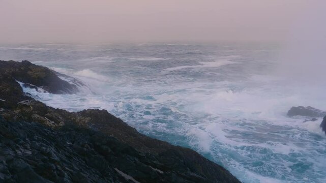 This footage captures Seixo Branco Beach with its striking rocky coastline merging with the Atlantic Ocean, highlighting Spain&rsquo;s beautiful coastal geology and natural seascapes.