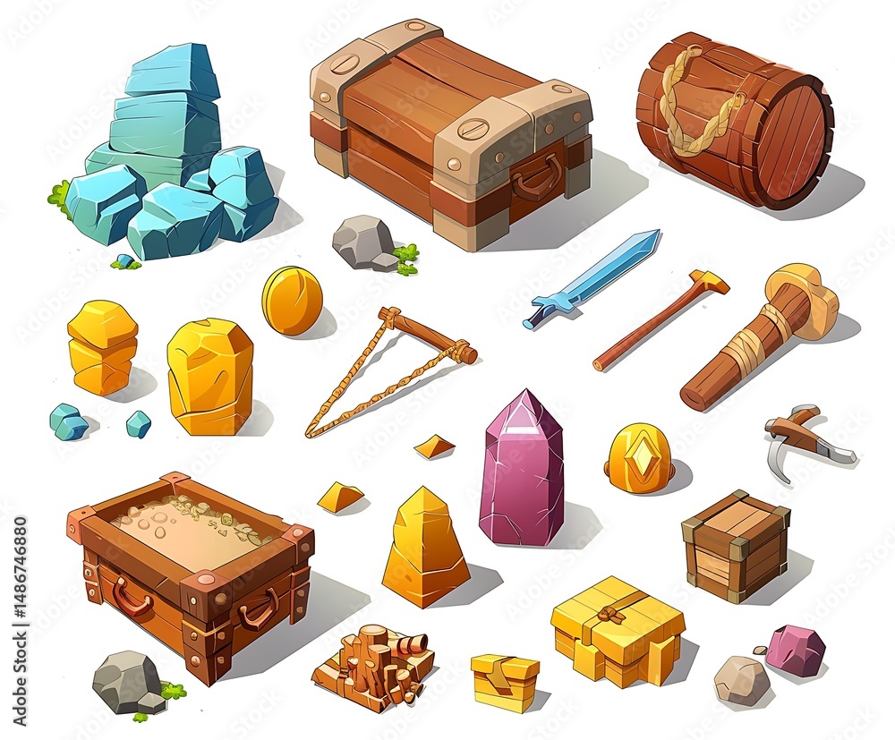 Poster isometric treasure chests with various objects on white background