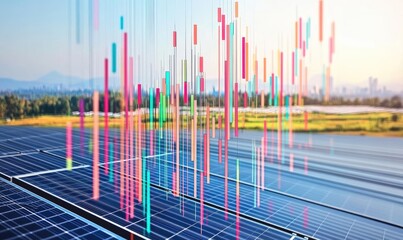 Solar panel array overlaid with colorful financial charts. Data visualization of energy production and investment. Shows growth and performance metrics of a renewable energy source