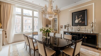 Elegant dining room interior with crystal chandelier and large windows