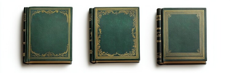Three antique-style books with dark green covers and gold accents