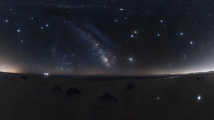 Obraz premium Milky Way Panorama Over Dark Beach with Distant Lights and Scatt