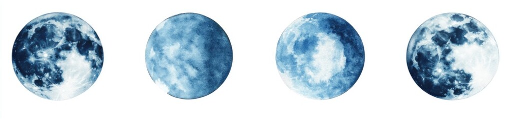 Four stages of a moon, in shades of blue