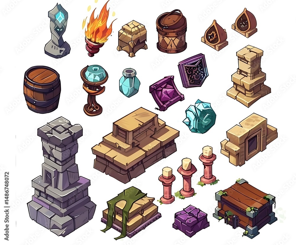 Aufkleber pixel art collection of isometric game objects including stone wooden structures
