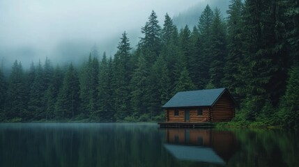 Fototapeta premium Misty lake cabin tranquil forest scene nature photography