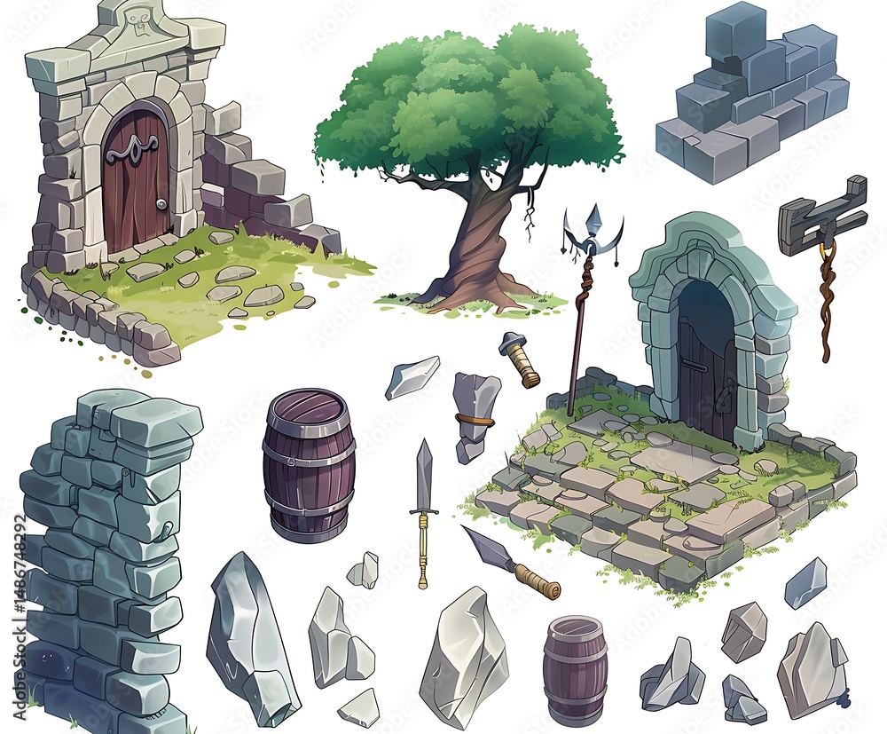 Poster pixel art collection of medieval building elements on white background