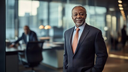 A confident senior African American businessman poses in an elegant office setting, showcasing professionalism and leadership in a modern corporate environment.
