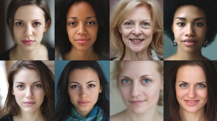 Diverse portraits of eight beautiful women, highlighting various ages and ethnic backgrounds.