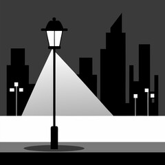 Black and white perfect city night street light with light from streetlight lamp vector icon landscape background.