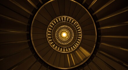 Fototapeta premium Dramatic view looking up a brown spiral staircase in subdued lighting, creating a mesmerizing pattern towards a bright central point.