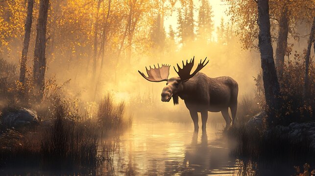 Moose in autumn forest misty morning