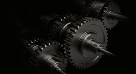A dramatic, close-up image showcasing interconnected gears, highlighted against a dark backdrop, symbolizing mechanical precision.