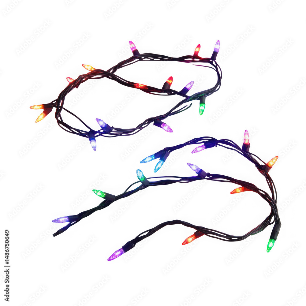 Poster a close-up view of two twisted strands of christmas lights with multicolored bulbs on a transparent 