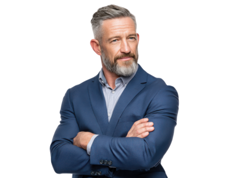 Confident Business Professional: A distinguished businessman with a composed expression, exuding professionalism and experience, embodying leadership and expertise in a studio setting.