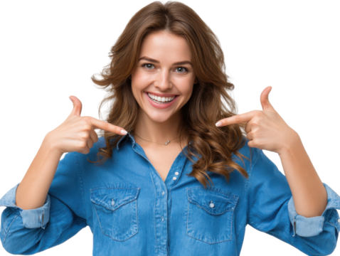 Radiant Self-Expression: A stunning woman showcases her confident smile, using hand gestures to emphasize her radiant spirit, exuding beauty, positivity and self-assuredness.