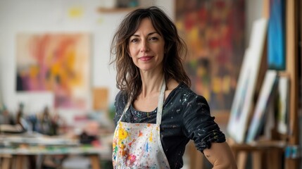 A portrait of a European woman in her early 40s, showcasing her creativity in a vibrant art studio. The confident artist wears a splattered apron, embodying the joy of artistic expression.
