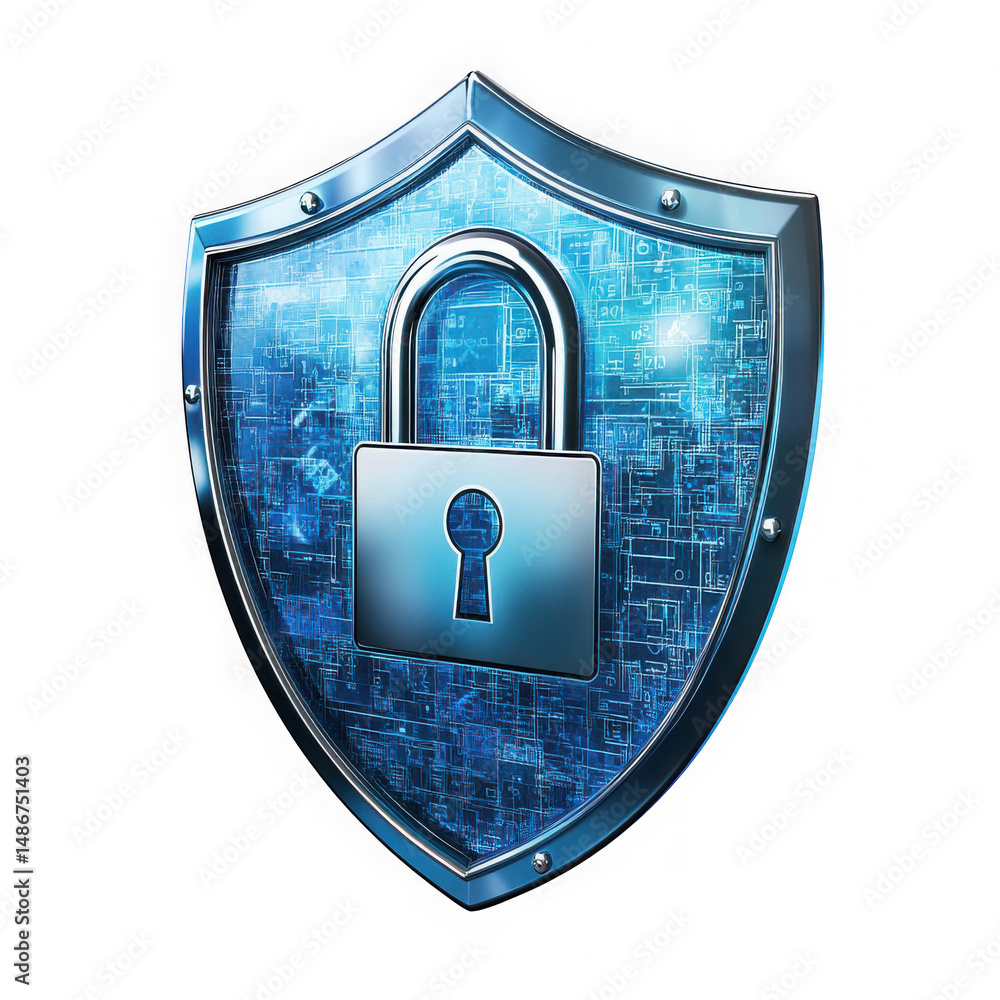 Poster a glossy shield with a circuit board pattern and a metallic padlock in the center on transparent bac