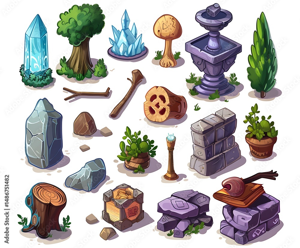 Poster pixelated illustrations of various natural elements and structures isolated on white