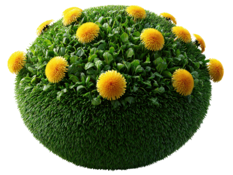 Dandelion World: A close-up shot of a unique artistic green globe decorated with vivid yellow dandelion flowers, a natural and vibrant contrast.