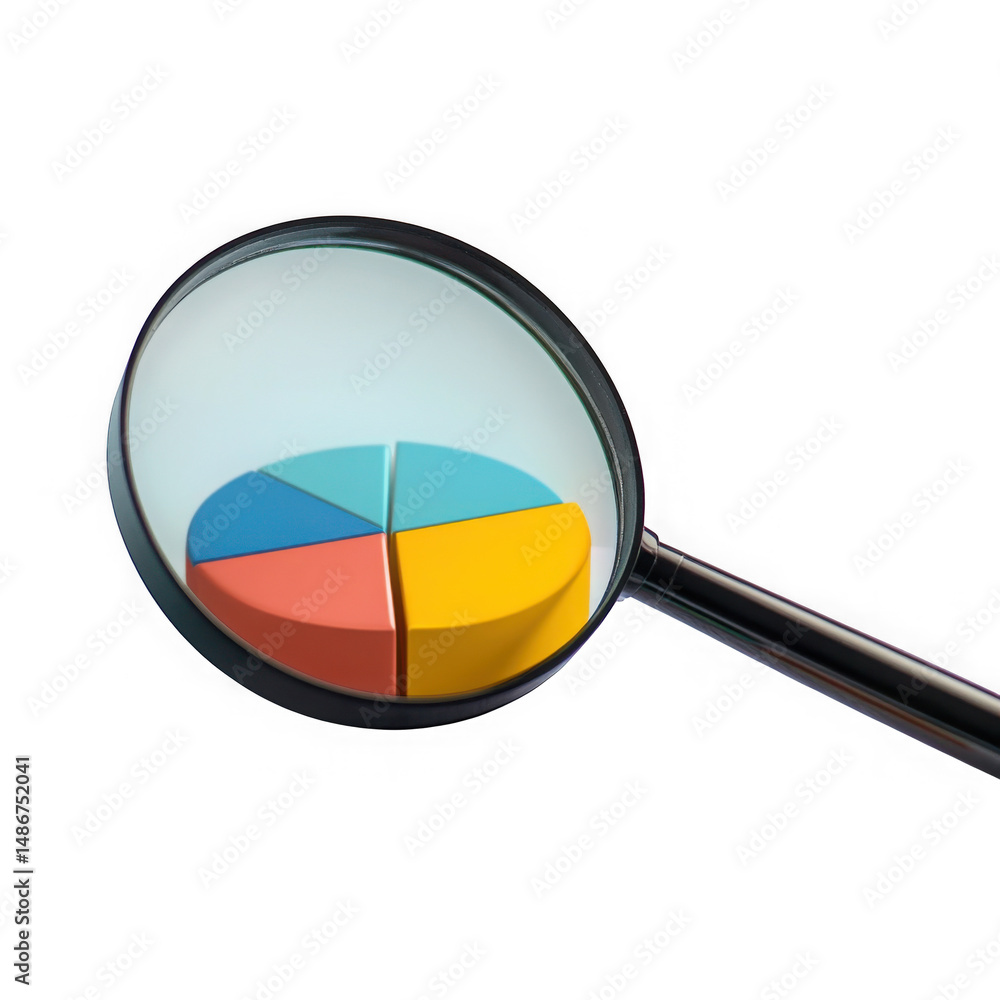 Poster a close up of a magnifying glass focusing on a colorful pie chart against a transparent background v