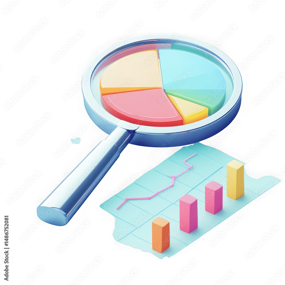 Poster magnifying glass over pie chart and bar graph representing data analysis on transparent background