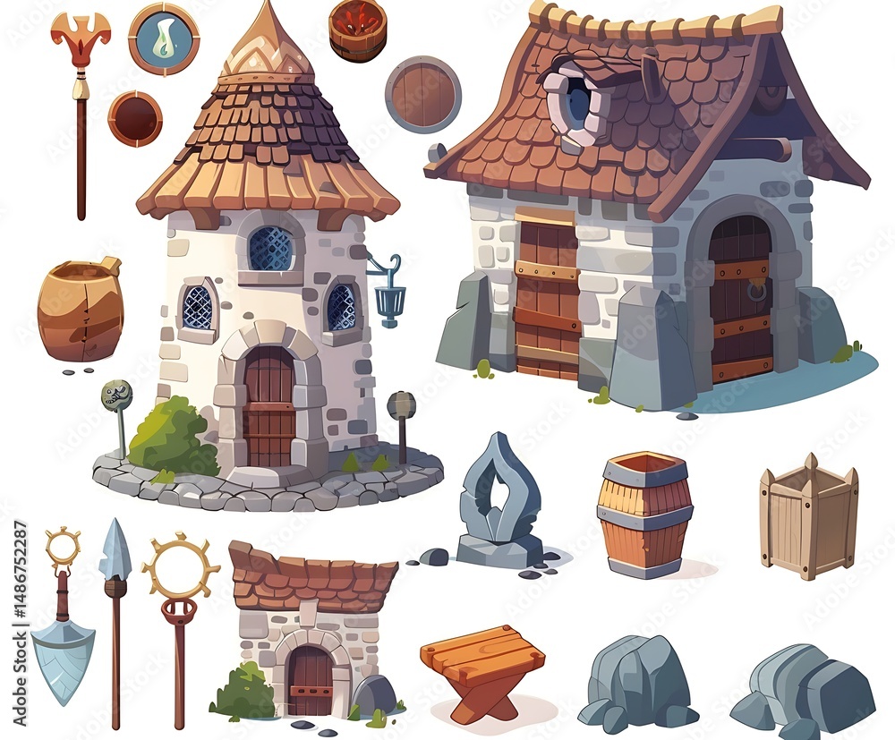 Poster pixelated stone buildings and accessory objects displaying architectural elements for fantasy