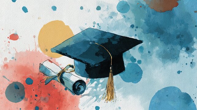 Colorful graduation background featuring a cap, diploma, and watercolor splashes. High quality