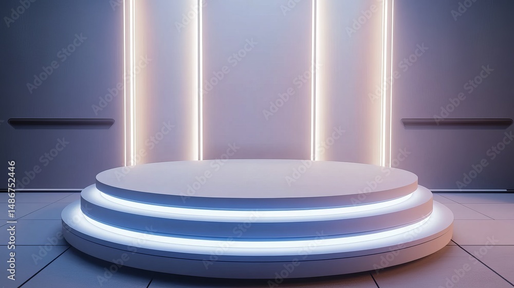 Poster modern minimalist product display platform with neon lights elegant studio background clean white ci