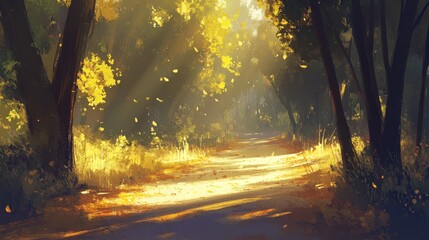 Obraz premium Sunlight streams through autumnal woodland path.