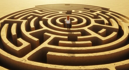 A woman stands in the center of a giant, circular maze made of sand, lost, symbolizing challenges, problem-solving, and personal journeys.
