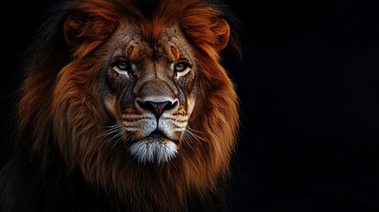 Naklejka premium Majestic lion with striking mane against a dark background