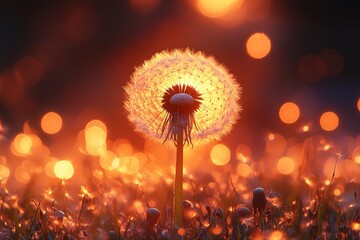 A backlit dandelion seed head glows amid warm, blurred bokeh