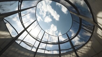 Wormseye view of sky through circular structure with metal and mesh construction and cloudscape design